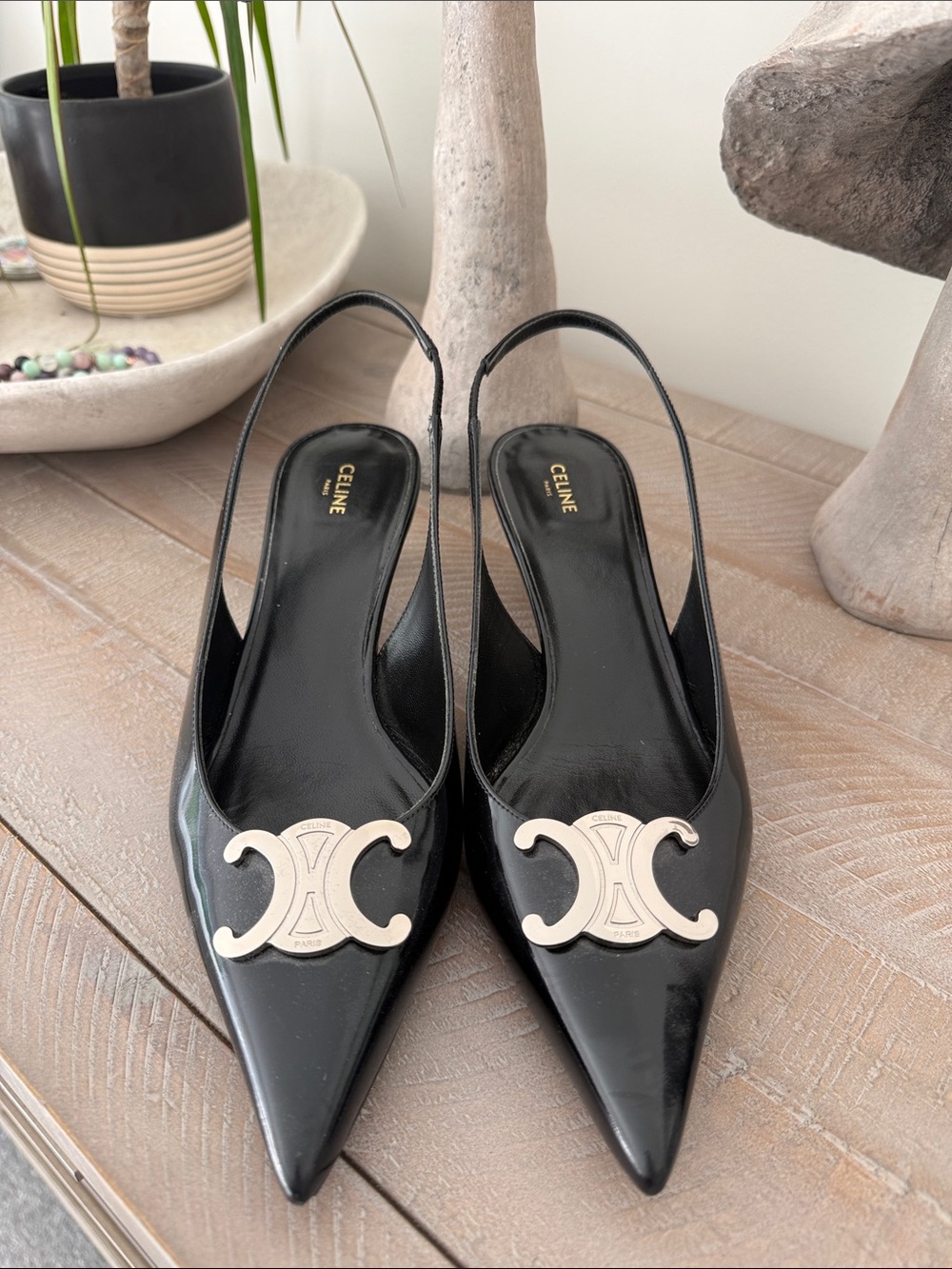 Celine Black Patent Leather Pointed Slingback Mules with Gold Tone Logo